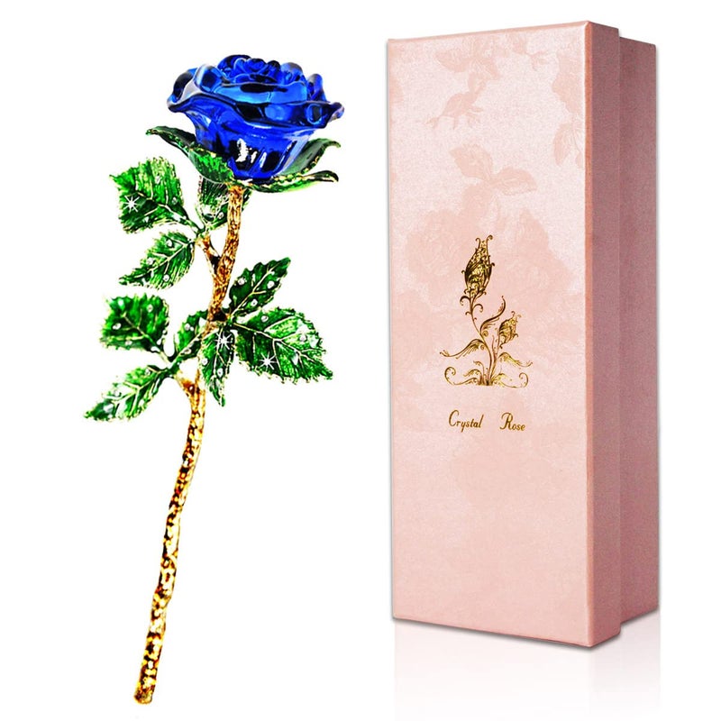 SWEETIME Blue Rose K9 Crystal Rose Flower Forever Glass Rose with Green Leaves Unique Gift for Girlfriend Wife Mom on Valentines Day Mothers Day Thanksgiving Christmas Birthday Anniversary