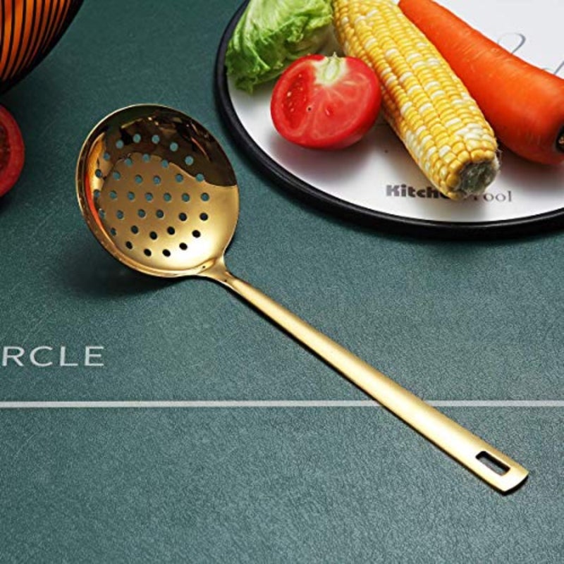 Gold Skimmer, Metal Strainer with Titanium Gold Plating, Kitchen Cooking Skimmers for Non-Stick Cookware, Dishwasher Safe, Easy to Clean - Image 2