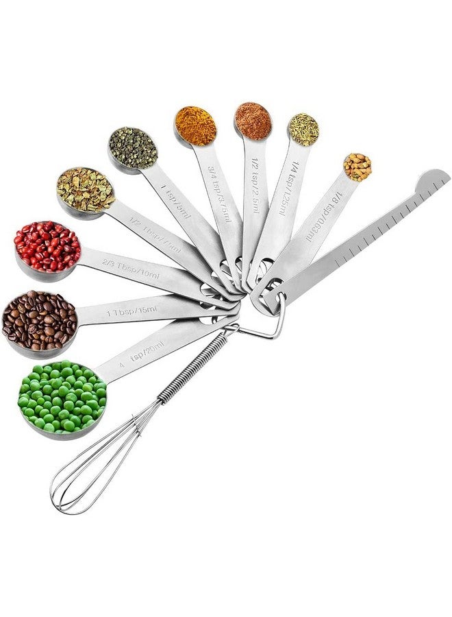 Homepixi Stainless Steel Measuring Spoons Set (Set of 11) Include 9 Stainless Steel Measuring Spoons, Egg Whisk and Measuring Ruler Scrape, Teaspoon Tablespoon Set for Cooking and Baking - Image 1