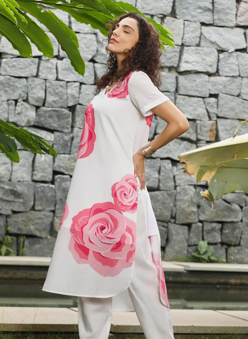 Qissa  Women's Rose Pink & Daisy White Chantilly Bloom Kurta Set for Women | Best Price UAE