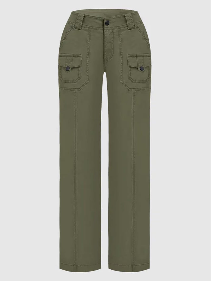Flamingals Wide Leg Bootcut Cargo Pants for Women Casual Mid Waist Flap Pocket Seam Front Work Dress Pants Without Belt Fall Green XL - Image 4