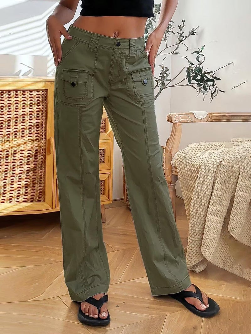 Flamingals Wide Leg Bootcut Cargo Pants for Women Casual Mid Waist Flap Pocket Seam Front Work Dress Pants Without Belt Fall Green XL - Image 2