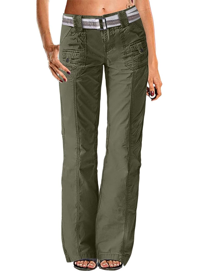 Flamingals Wide Leg Bootcut Cargo Pants for Women Casual Mid Waist Flap Pocket Seam Front Work Dress Pants Without Belt Fall Green XL - Image 1
