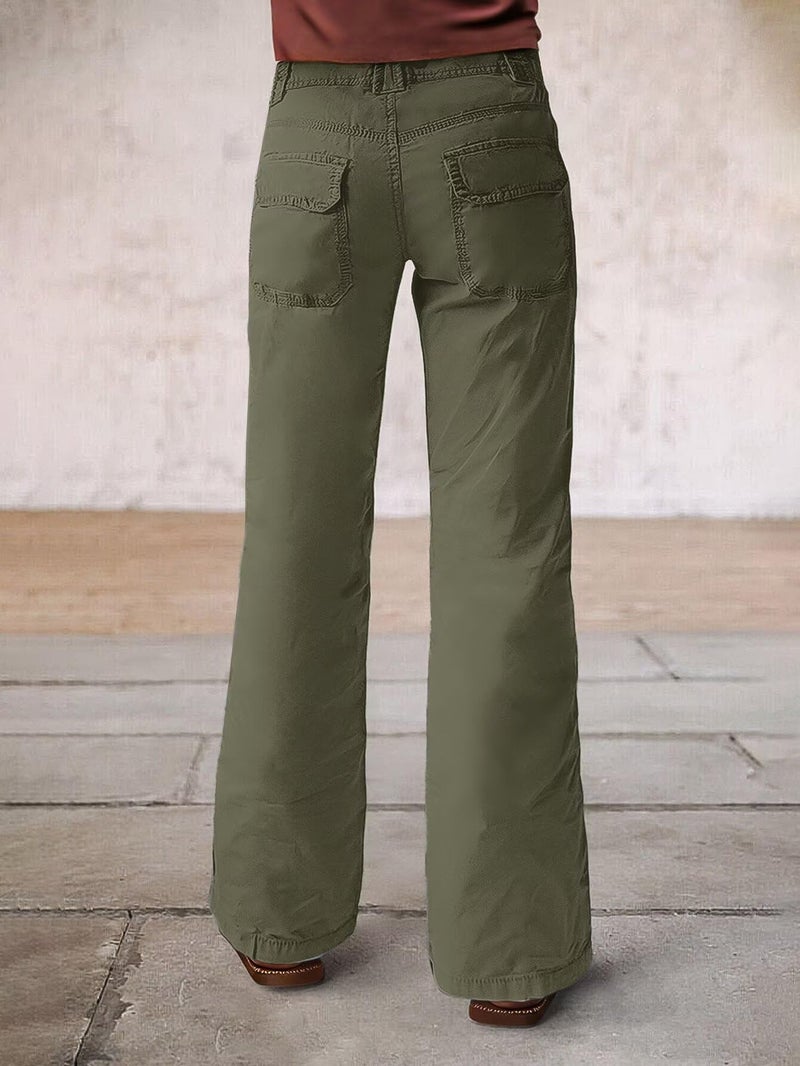 Flamingals Wide Leg Bootcut Cargo Pants for Women Casual Mid Waist Flap Pocket Seam Front Work Dress Pants Without Belt Fall Green XL - Image 3