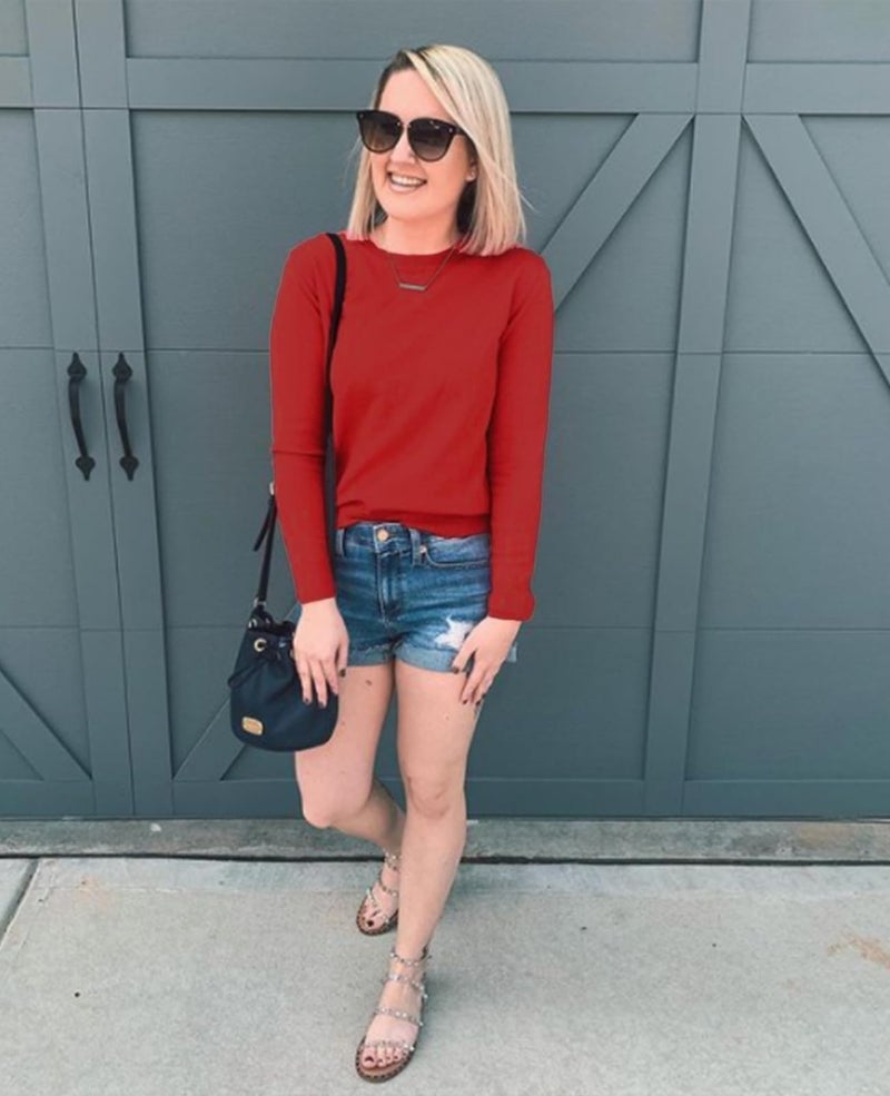 QUALFORT Women's Red Crewneck Sweater Pullover Soft Knitted Pullover Tops Large - Image 3