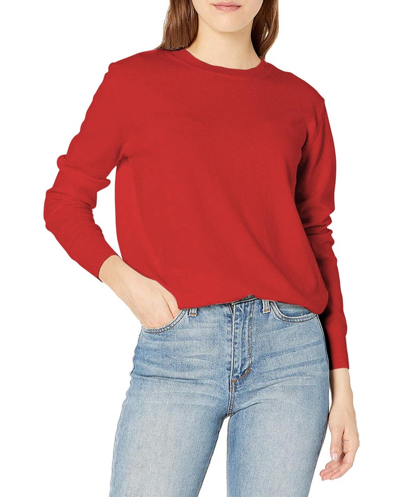 QUALFORT Women's Red Crewneck Sweater Pullover Soft Knitted Pullover Tops Large - Image 1