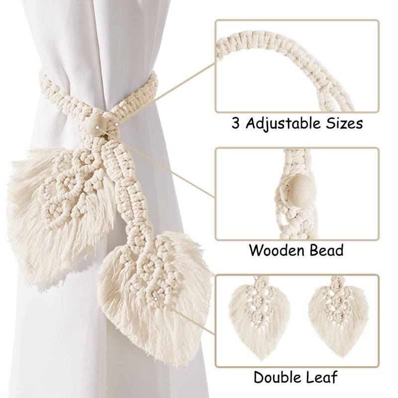 Sunkaioo 2 Pack Boho Curtain Tiebacks,Hand Knitting Cotton Curtain Holdbacks with Adjustable Natural Wooden Bead,Double Leaves Farmhouse Theme Curtain Tie Backs, for Indoor Outdoor Drapes Decorative,(Beige) - Image 3