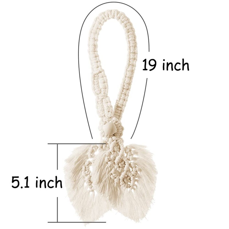 Sunkaioo 2 Pack Boho Curtain Tiebacks,Hand Knitting Cotton Curtain Holdbacks with Adjustable Natural Wooden Bead,Double Leaves Farmhouse Theme Curtain Tie Backs, for Indoor Outdoor Drapes Decorative,(Beige) - Image 2