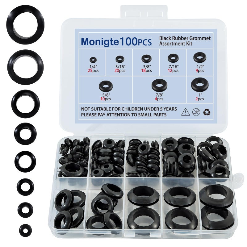 Monigte 100PCS Rubber Grommet Kit, 8 Sizes Hollow Firewall Hole Plug Assortment, Rubber Grommets for Wire, Wiring, Automotive, Cord Organization, 1/4", 5/16", 3/8", 7/16", 1/2", 5/8", 3/4'', 7/8", 1'' - Image 1