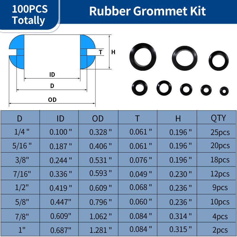 Monigte 100PCS Rubber Grommet Kit, 8 Sizes Hollow Firewall Hole Plug Assortment, Rubber Grommets for Wire, Wiring, Automotive, Cord Organization, 1/4", 5/16", 3/8", 7/16", 1/2", 5/8", 3/4'', 7/8", 1'' - Image 3