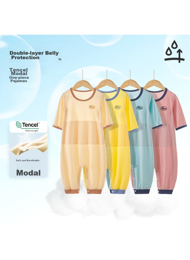 SHANBAOMAY Shangbaimei Summer Children's One-piece Pajamas, Lenzing Modal Thin Seven-quarter Sleeve Sleepwear For Boys And Girls, Home Wear, Jelly Blue, Size 110 - Image 1