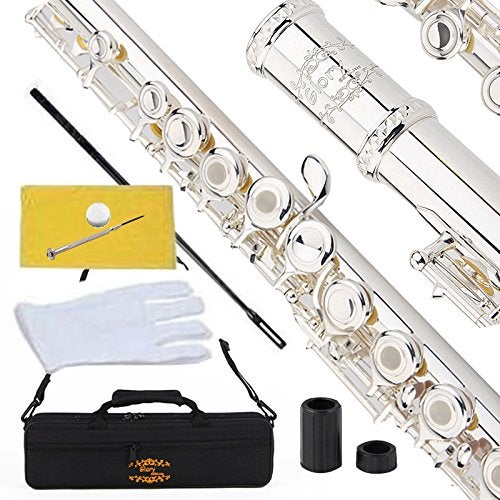 Glory Silver Plated Intermediate 17keys Openclosed Hole C Flute with B Foot JointOffset G with Casecleaning Rod Joint Grease Cloth and Gloves