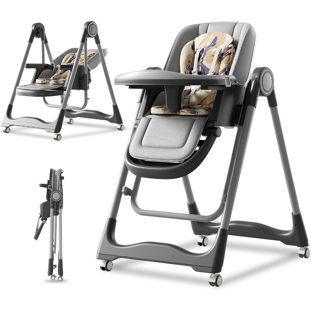 3 IN 1 Baby High Chair Swing Combo, Foldable Highchairs For Babies and Toddlers With Wheels, Baby Feeding Chair For 6-36 Months, Dining Booster Seat With Removable Tray and Adjustable Backrest and Height