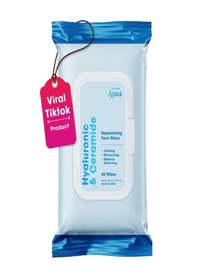 Radiant Aura Hyaluronic & Ceramide Face Wipes - Dermatologist Tested Korean Cleansing Wipes for Gentle Makeup Removal - Premium Moisturizing Formula for Daily Hydration & Skin Balance - 60 Count - Image 1