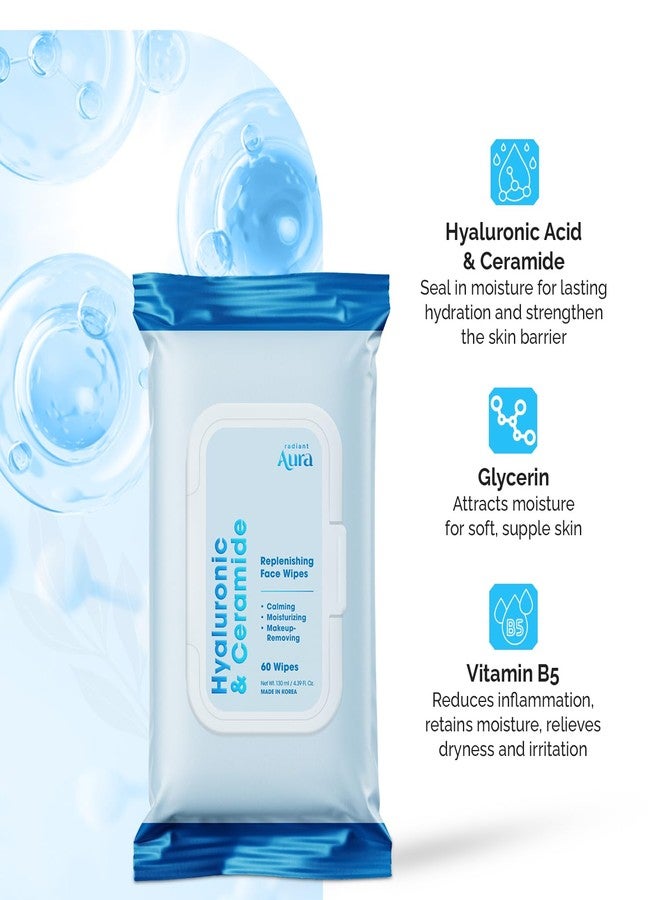 Radiant Aura Hyaluronic & Ceramide Face Wipes - Dermatologist Tested Korean Cleansing Wipes for Gentle Makeup Removal - Premium Moisturizing Formula for Daily Hydration & Skin Balance - 60 Count - Image 3