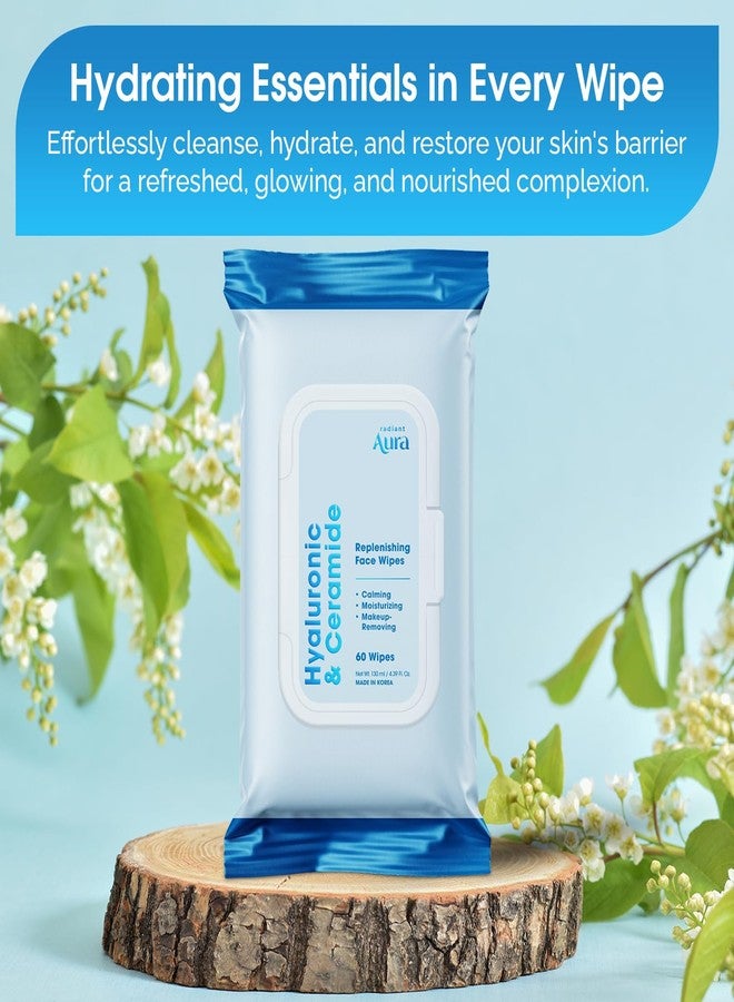 Radiant Aura Hyaluronic & Ceramide Face Wipes - Dermatologist Tested Korean Cleansing Wipes for Gentle Makeup Removal - Premium Moisturizing Formula for Daily Hydration & Skin Balance - 60 Count - Image 2