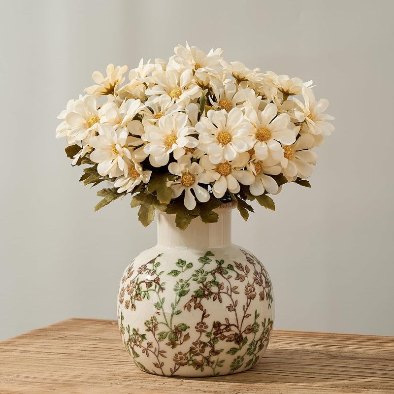 SIDUCAL Ceramic Green and Beige Antique Vase, 5.91 Inch Retro Ice Cracked Chinoiserie Floral Vase, Rustic Farmhouse Vases for Home Decor, Bookshelf, Office, Garden, Chinoiserie Decor, Tuscan Decor - Image 1