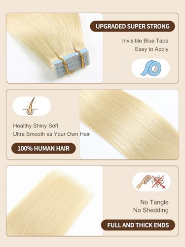 YILITE Tape in Hair Extensions Real Human Hair 60 Platinum Blonde Tape in Hair Extensions Human Hair 16 Inch Invisible Extensions 40g Extensions Human Hair Natural 20 Pcs by YILITE16inches 60 - Image 3