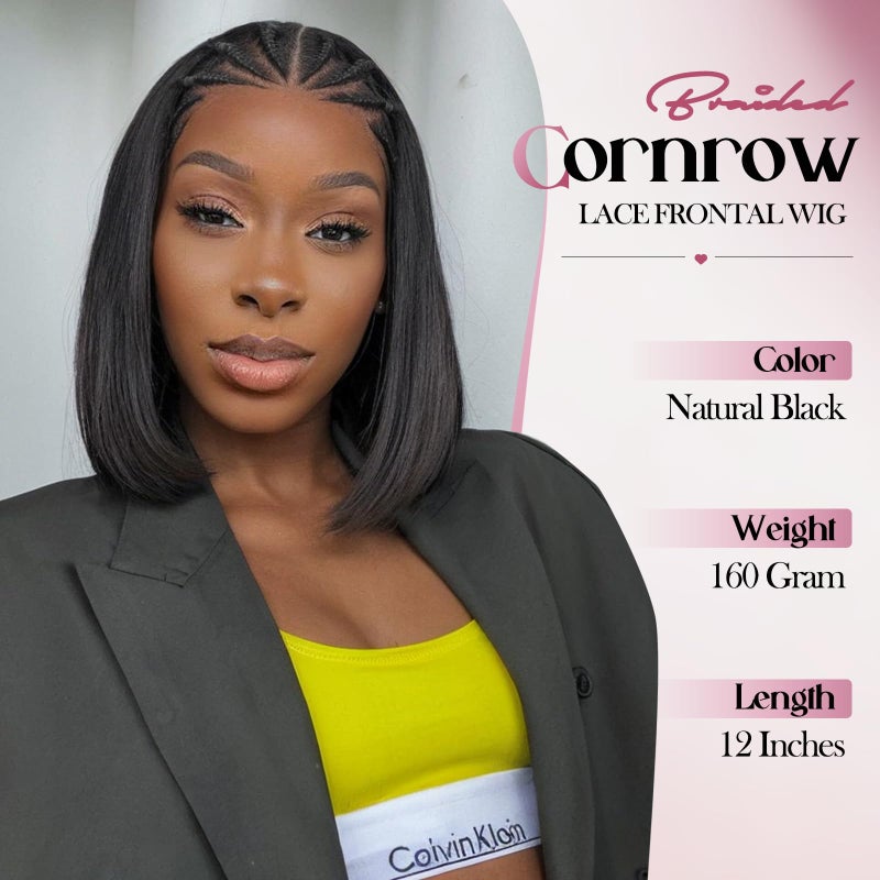 WIGER 13x4 Straight Bob Lace Frontal Wigs Cornrow Braided Wigs for Black Women Glueless Braided Lace Front Wigs 12 Inch Synthetic Short Cornrows Wigs - Image 4