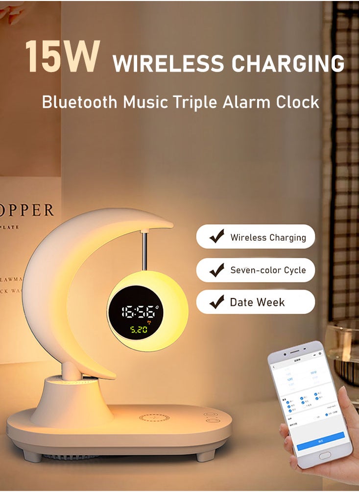 Perfii 3-in-1 Bluetooth LED Moon Night Light with Digital Alarm Clock and Wireless Mobile Phone Charger for Bedroom and Living Room  - Image 5