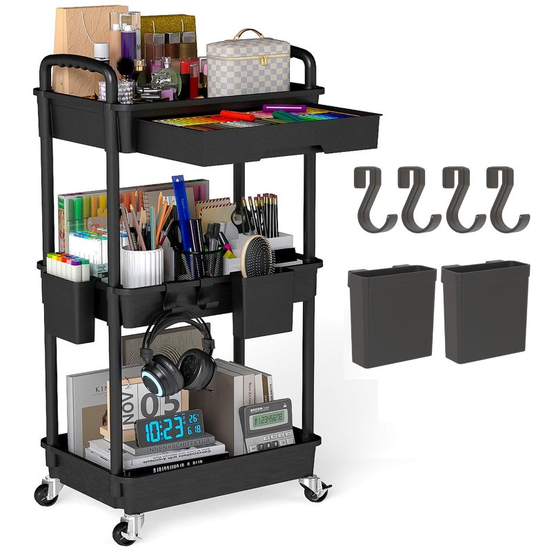 LLMRR 3 Tier Rolling Utility Cart with Drawer, Plastic Storage Organizer Rolling Carts with Wheels Handles Hanging Cups Hooks for Office, Bathroom, Kitchen,Craft Art Room (Black) - Image 1