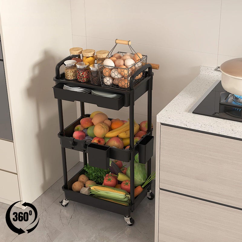 LLMRR 3 Tier Rolling Utility Cart with Drawer, Plastic Storage Organizer Rolling Carts with Wheels Handles Hanging Cups Hooks for Office, Bathroom, Kitchen,Craft Art Room (Black) - Image 4