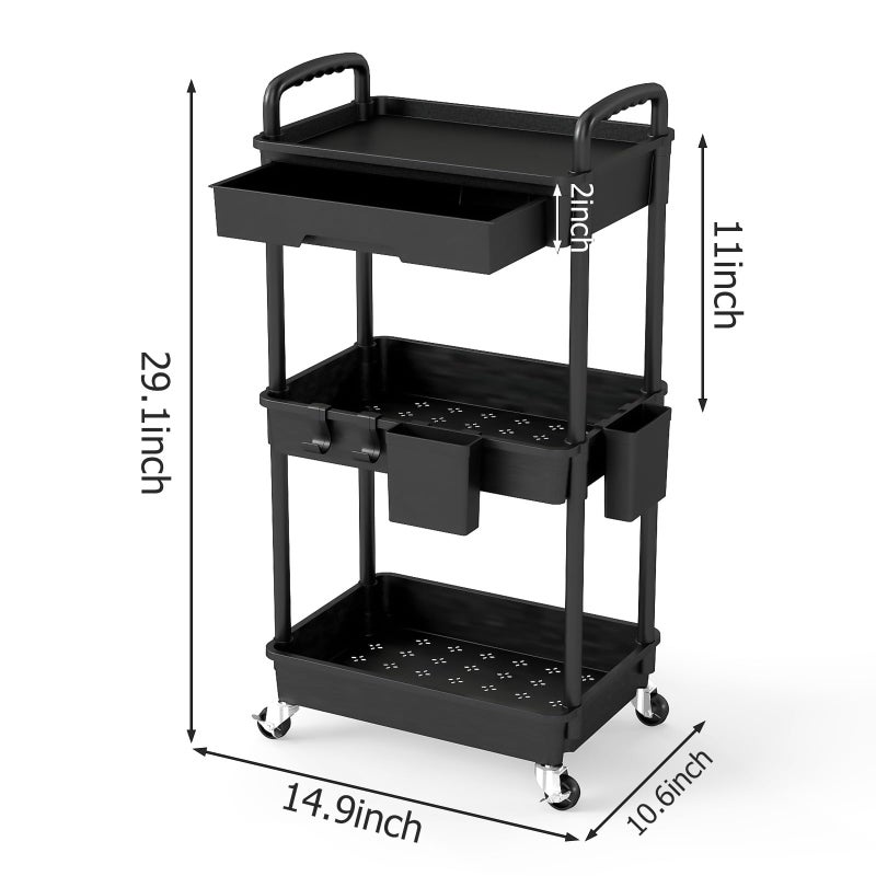 LLMRR 3 Tier Rolling Utility Cart with Drawer, Plastic Storage Organizer Rolling Carts with Wheels Handles Hanging Cups Hooks for Office, Bathroom, Kitchen,Craft Art Room (Black) - Image 2