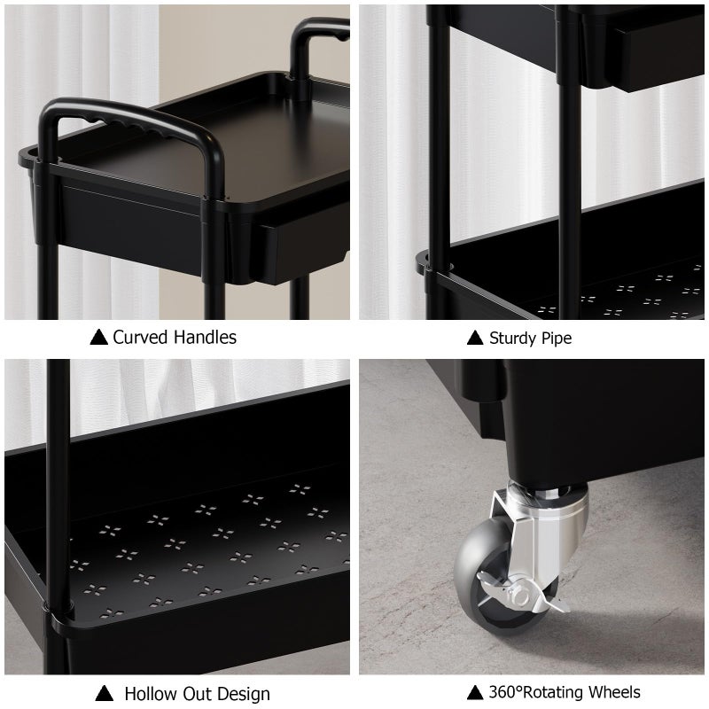 LLMRR 3 Tier Rolling Utility Cart with Drawer, Plastic Storage Organizer Rolling Carts with Wheels Handles Hanging Cups Hooks for Office, Bathroom, Kitchen,Craft Art Room (Black) - Image 5