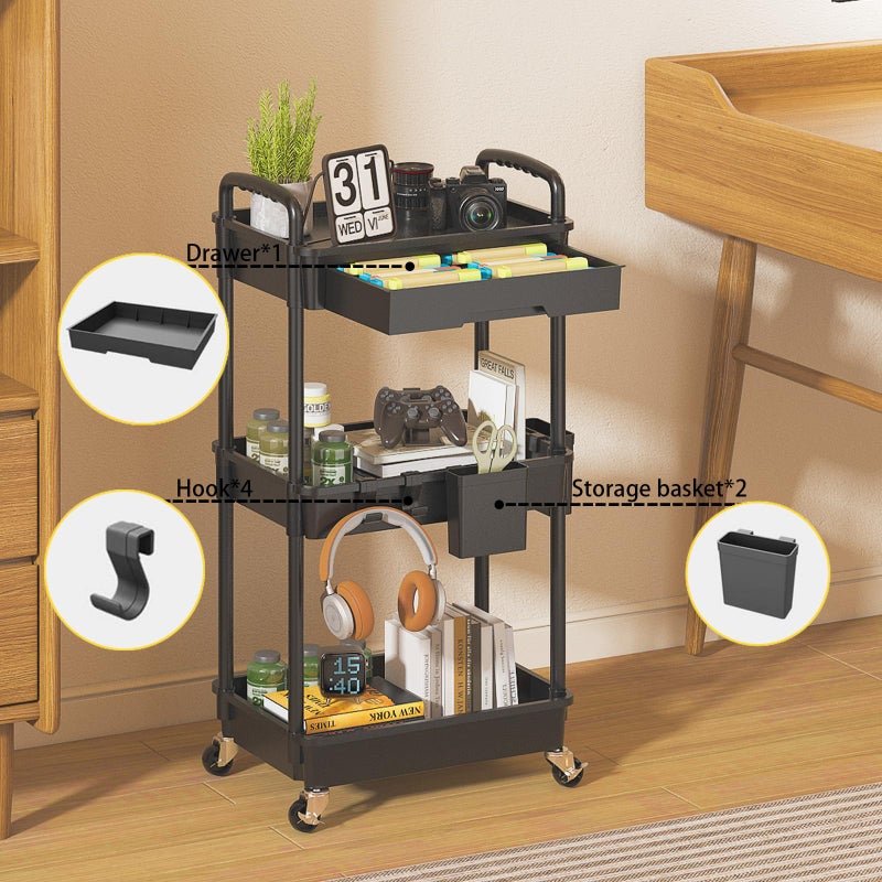 LLMRR 3 Tier Rolling Utility Cart with Drawer, Plastic Storage Organizer Rolling Carts with Wheels Handles Hanging Cups Hooks for Office, Bathroom, Kitchen,Craft Art Room (Black) - Image 3