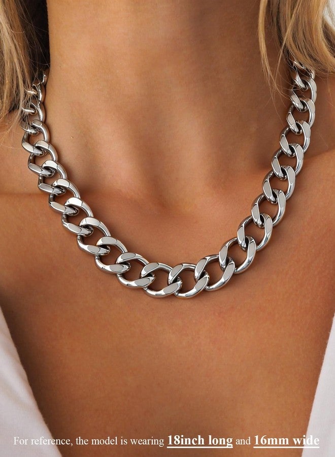 U7 Chunky Cuban Link Chain for Women, Thick Silver Chain Necklace for Women, 16mm Trendy Punk Hip Hop Stainless Steel Cuban Chain, 18inch Length - Image 3