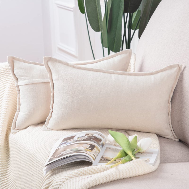 MADIZZ Set of 2 Short Chenille Throw Pillow Covers 12x20 Inch Ivory Soft Decorative Cushion Cover for Sofa Bedroom Pillow Shell