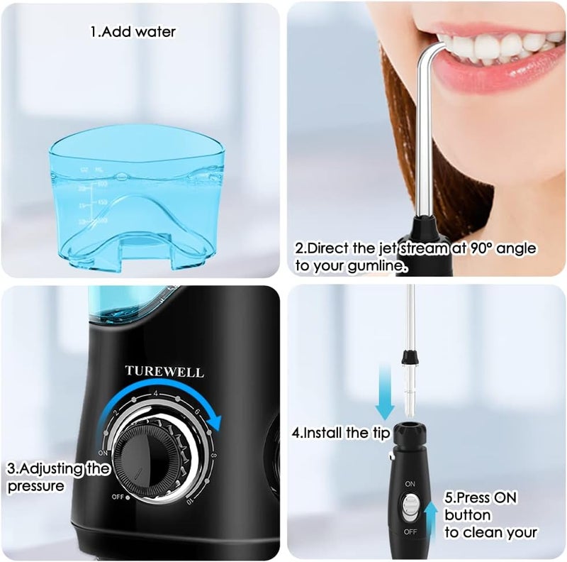 TURWELL خيط تنظيف الأسنان المائي للأسنان/التقويم، أداة تنظيف الأسنان المائية مع 8 رؤوس نفاثة و10 مستويات ضغط، خزان ماء كبير 600 مل، جهاز تنظيف الفم للعائلة (أسود) - Image 4