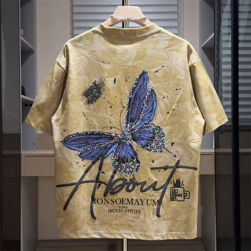 Butterfly embroidery printed trendy short-sleeved men's 2025 summer new casual and versatile breathable T-shirt, handsome and half-sleeved - Image 3