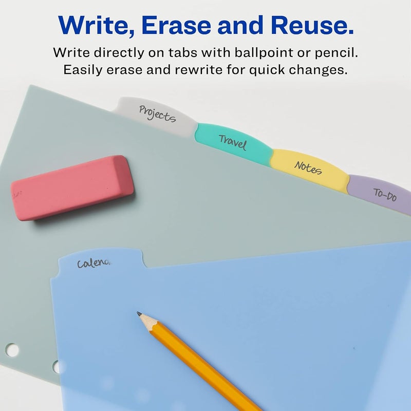 AVERY Write & Erase Durable Plastic Mini Dividers for 3 Ring Binders and 7-Ring Binders, 5.5" x 8.5", 5-Tab Sets, Multicolor, 4 Binder Divider Sets (21982) - Image 2