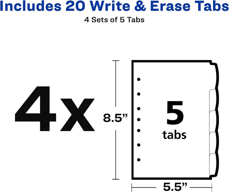 AVERY Write & Erase Durable Plastic Mini Dividers for 3 Ring Binders and 7-Ring Binders, 5.5" x 8.5", 5-Tab Sets, Multicolor, 4 Binder Divider Sets (21982) - Image 5