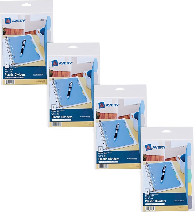 AVERY Write & Erase Durable Plastic Mini Dividers for 3 Ring Binders and 7-Ring Binders, 5.5" x 8.5", 5-Tab Sets, Multicolor, 4 Binder Divider Sets (21982) - Image 1