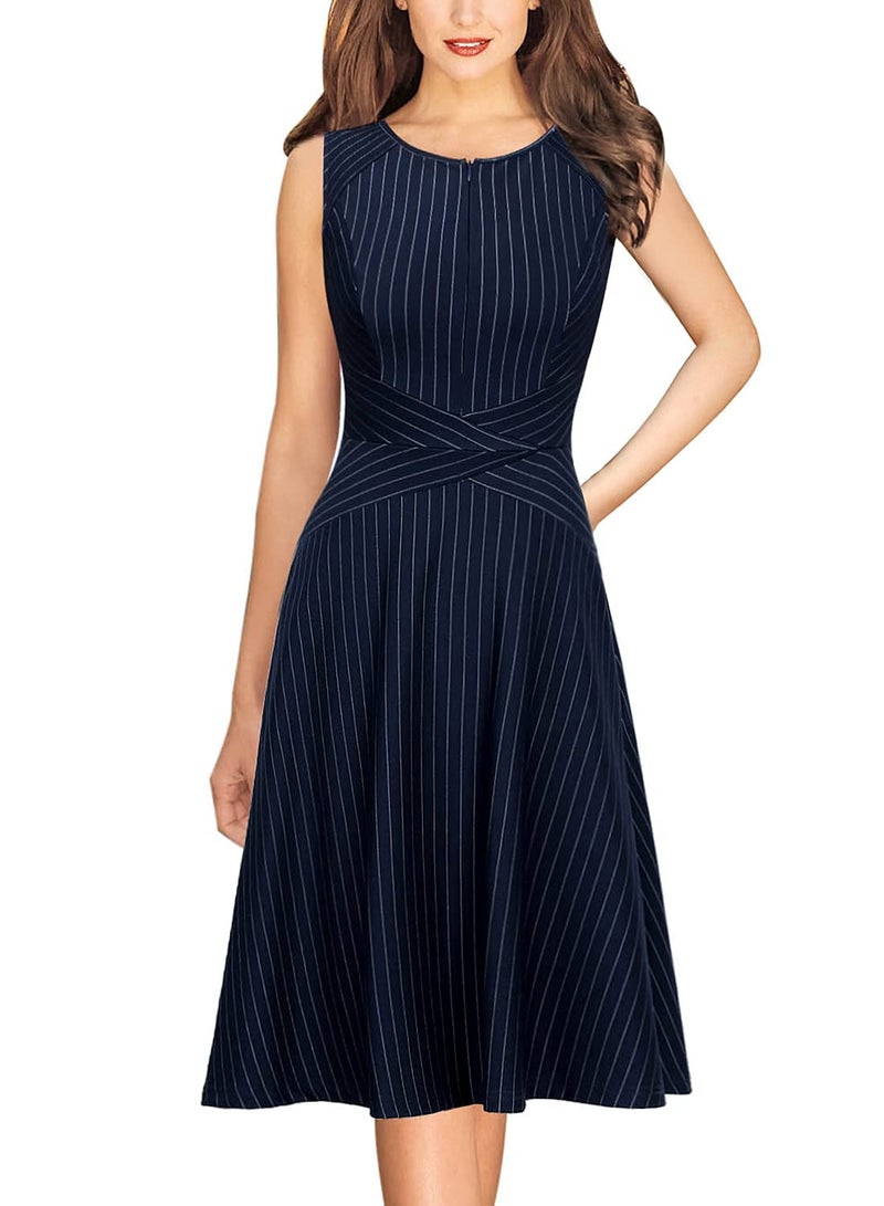 VFSHOW Womens Front Zipper Work Business A-Line Dress Elegant Professional Office Career Church Fit and Flare Skater Dresses with Pockets (Blue and White Pinstriped, Large) 2350 BLU L - Image 2