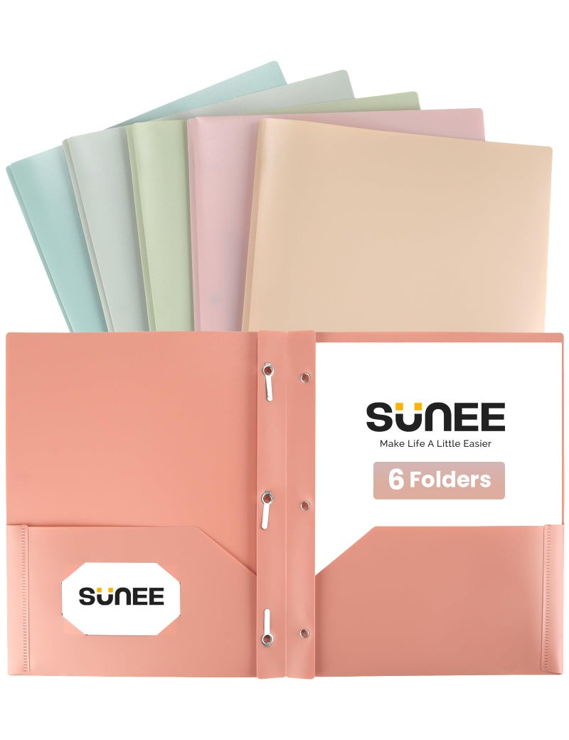 SUNEE 3-Prong Plastic Folders with Pockets (6 Pack, Vintage Colors) 2 Pocket Folders with Fasteners, Tear-Resistant Plastic Pockets, and Fit Letter Size Paper, Use for School Office Home Business - Image 1
