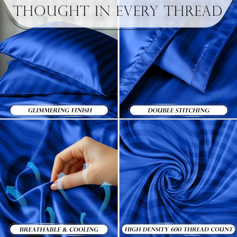DECOLURE Satin Sheets King Size Set 4 Pcs - Silky & Luxuriously Soft Satin Bed Sheets w/ 15 inch Deep Pocket - Double Stitching, Wrinkle Free (Blue) - Image 3