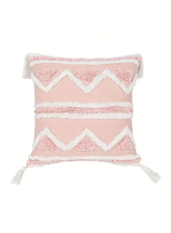 Boho Tassel Throw Pillow Cover Polyester Geometric Pink White 18x18 Inch - Image 5