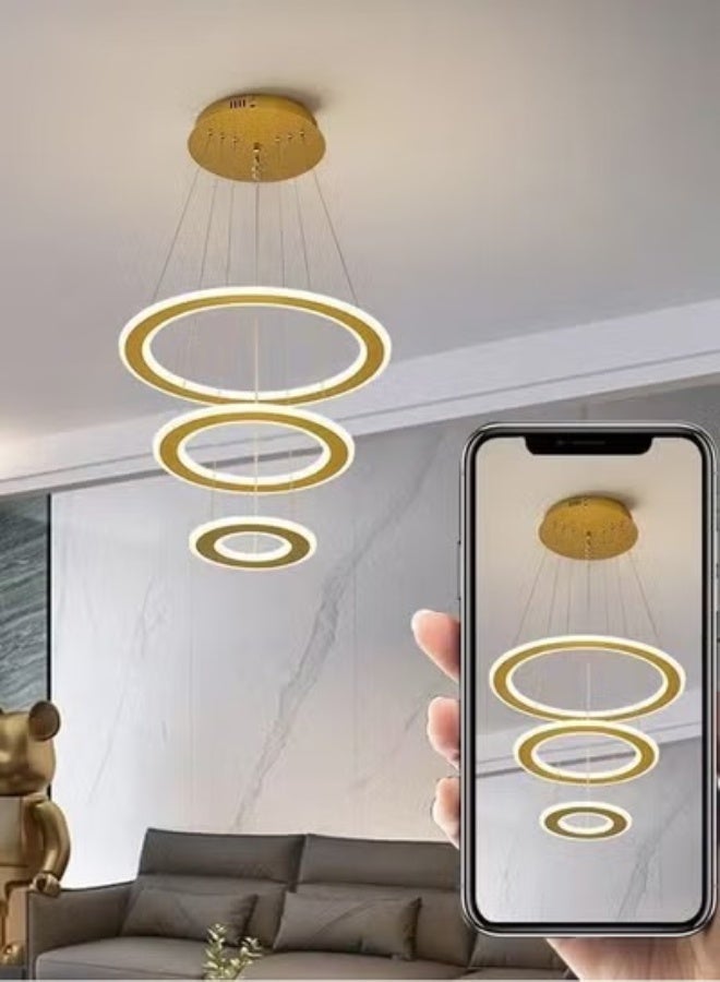 fashionhome Modern Three-Ring LED Chandelier with 3 Light Color Modes Dimmable Adjustable Circular Pendant Ceiling Light Fixture with Remote Control, Energy-Efficient Contemporary Hanging Lamp for Living Room, Dining Room, Foyer, or Staircas - Image 3