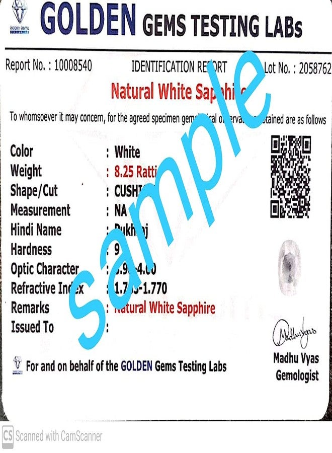 GEMS RIVER 9.25 Ratti 8.85 Carat Natural White Sapphire Stone I Certified Safed Pukhraj Birthstone I Precious Loose Gemstone by Lab Certified (C386) - Image 3
