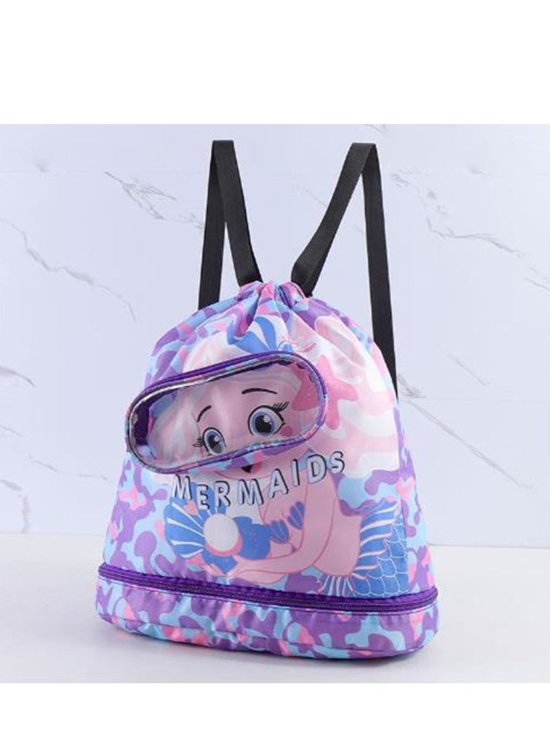 جولدن سباحة الظهر للأطفال، فصل جاف ورطب كيس تخزين مقاوم للماء حقيبة سحب محمولة حقيبة الظهر للألعاب الرياضية حوض الاستحمام الشاطئي (أرجواني) - Image 1