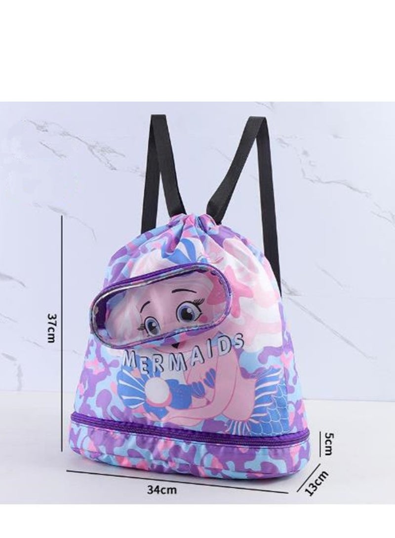 جولدن سباحة الظهر للأطفال، فصل جاف ورطب كيس تخزين مقاوم للماء حقيبة سحب محمولة حقيبة الظهر للألعاب الرياضية حوض الاستحمام الشاطئي (أرجواني) - Image 2