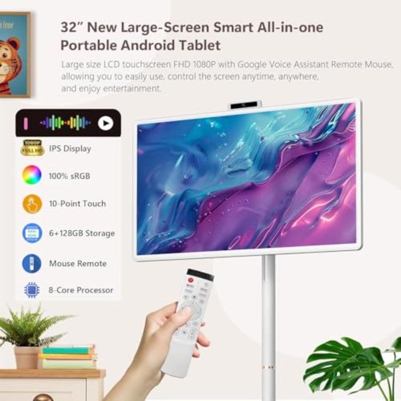 شاشة تلفزيون ذكية محمولة لاستخدام غرفة المعيشة، هيكل من البلاستيك ABS، لون أسود، شاشة لمس 32 بوصة بدقة Full HD مع نظام تشغيل Android 15، كاميرا USB مدمجة، ذاكرة وصول عشوائي 8 جيجابايت + تخزين 128 جيجابايت، بطارية 9600 مللي أمبير، تحكم صوتي ودعم الماوس عن بعد - Image 2