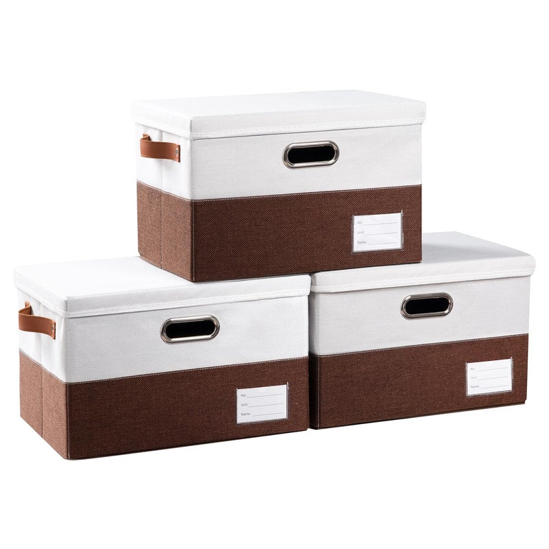 PRANDOM Foldable Storage Bins with Lids 3Pack Fabric Collapsible Storage Boxes Baskets Cubes Containers with Handles for Closet Living Room Bedroom Brown White 149x98x98
