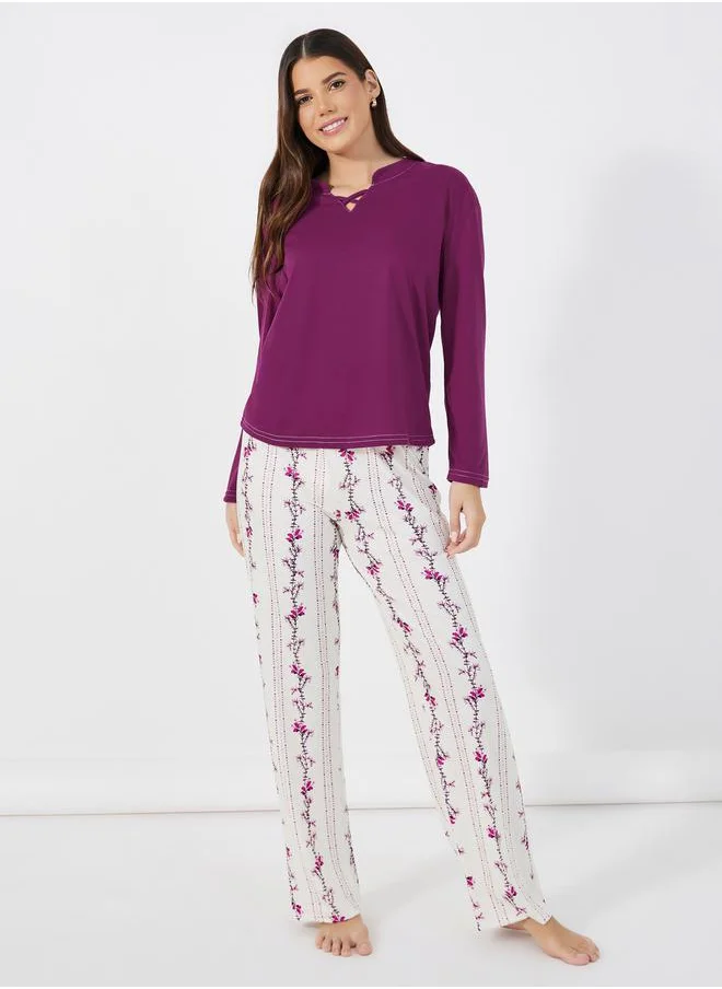 Styli Solid Notch Cross Front Detail T-Shirt & Floral Print Pants Pyjama Set