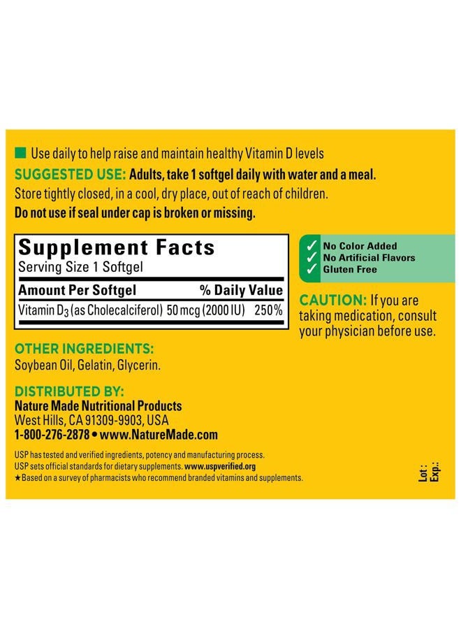 Nature Made Vitamin D3 2000 IU (50 mcg), Dietary Supplement for Bone, Teeth, Muscle and Immune Health Support, 250 Softgels, 250 Day Supply - Image 5