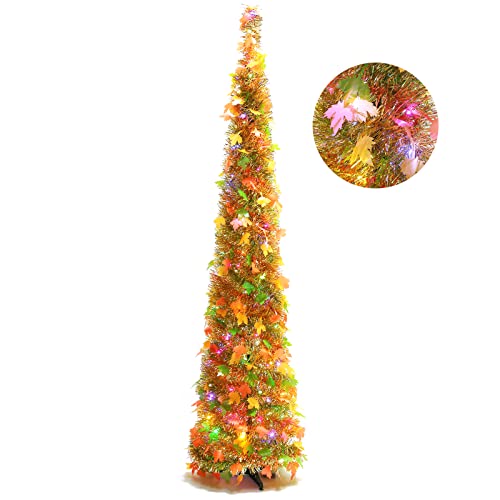 Orgrimmar 5FT Artificial Maple Tree Fall Decor with 100 Lights Thanksgiving Pop Up Tinsel Tree for Thanksgiving Christmas Holiday Home Party Decoration Yellow - Image 1