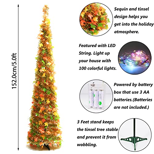 Orgrimmar 5FT Artificial Maple Tree Fall Decor with 100 Lights Thanksgiving Pop Up Tinsel Tree for Thanksgiving Christmas Holiday Home Party Decoration Yellow - Image 3